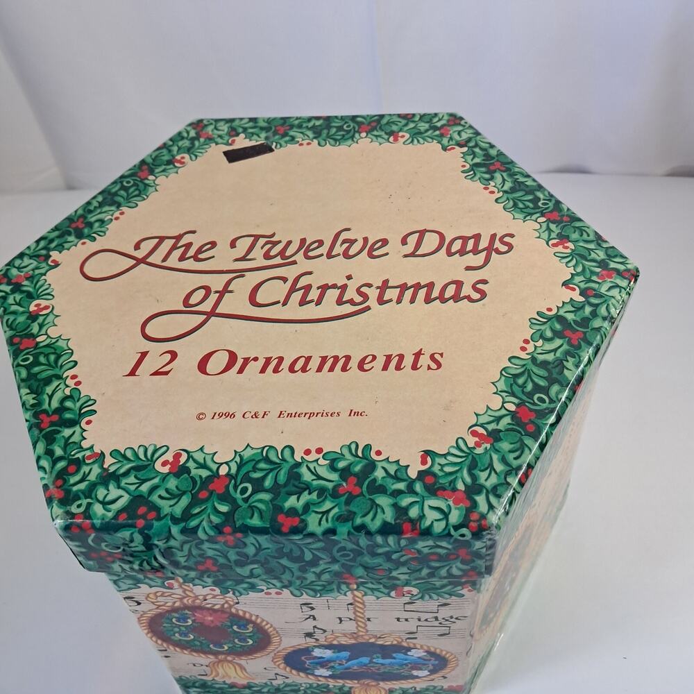Vintage 12 Days Of Christmas Handpainted Paper Mache Ornaments In Orginal Box